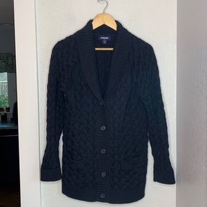 Lands’ End Drifter Long Cable Knit Shawl Collar Cardigan Navy 100% Cotton Cozy